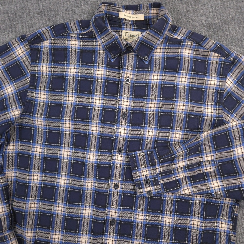 LL Bean Flannel Shirt Mens M Blue Plaid Traditional Fit Outdoor Hiking Casual